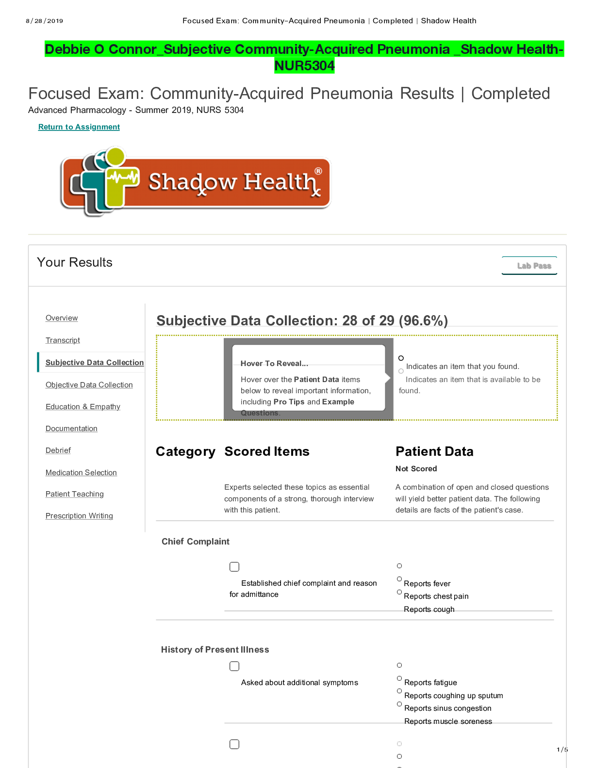 Preview of Debbie O Connor_Subjective Community-Acquired Pneumonia _Shadow Health-NUR5304